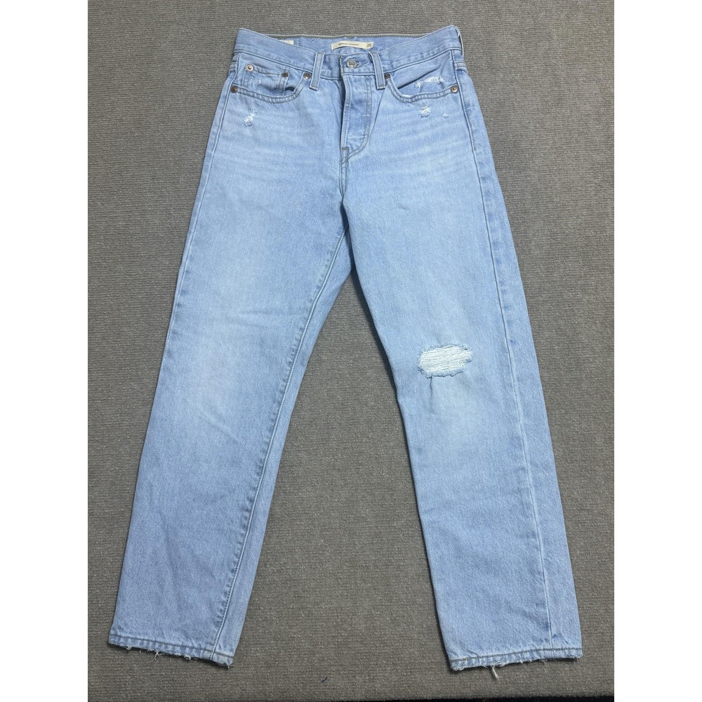 Levis Wedgie Straight Jeans Womens 25 Blue Distressed Button Fly Cropped Raw Hem